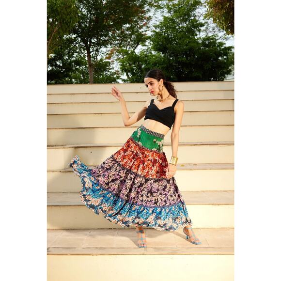 Anthropologie Bhanuni by Jyoti Anarosa Tiered Maxi Skirt Floral Boho Anthro Sz 4 - Picture 10 of 15